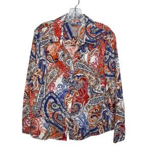 Chico’s Size 3 (XL / 16) Wrinkle Resistant Paisley Button-Front Shirt Top Orange